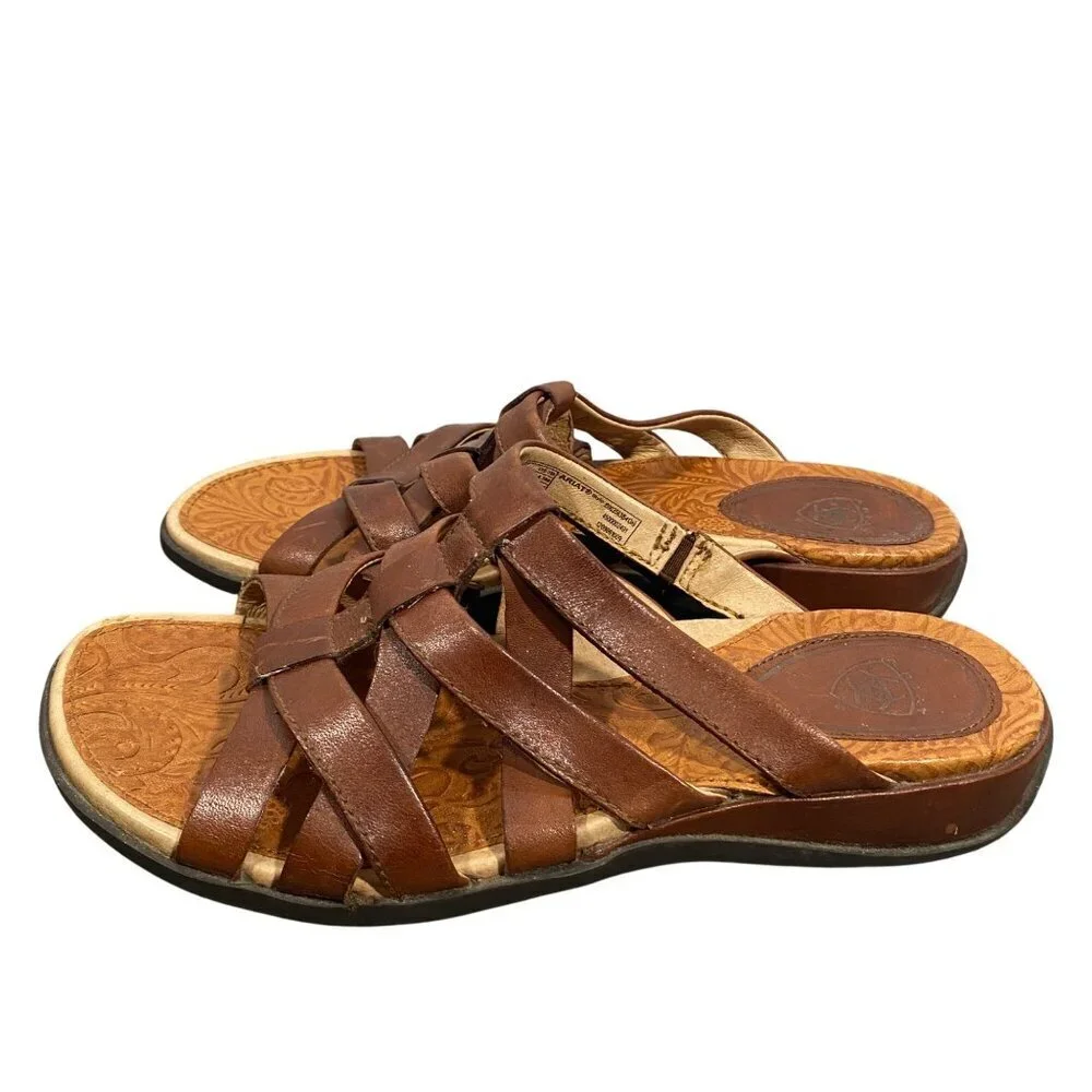 Ariat Womens Leather Slide Sandals Brown Size 7B Embossed Footbed & Strappy Desi